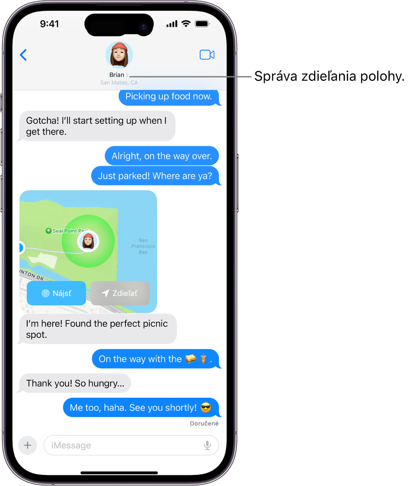 Konverzácia v apke Správy so zdieľaním polohy.