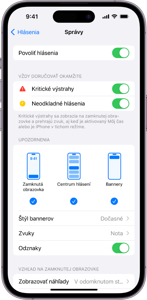 iPhone s nastaveniami apky Správy pre hlásenia a upozornenia.