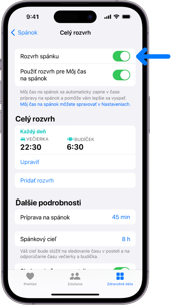 Obrazovka Celý rozvrh v apke Zdravie, na ktorej je v hornej časti zapnutá možnosť Rozvrh spánku.