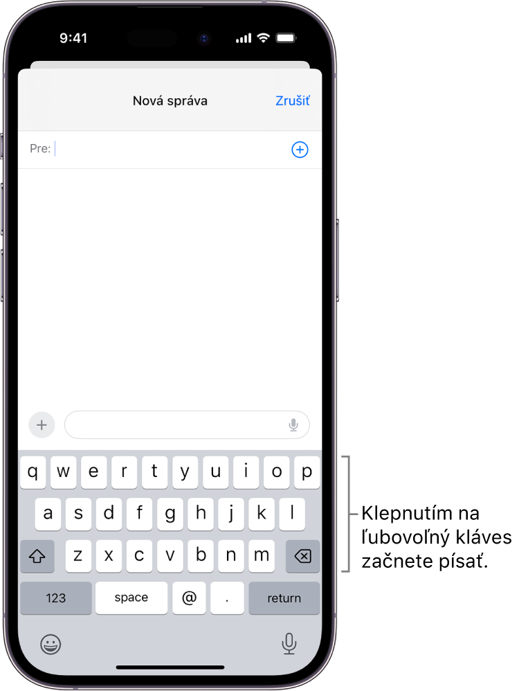 V apke Mail je otvorený prázdny email. V dolnej polovici obrazovky je dotyková klávesnica.