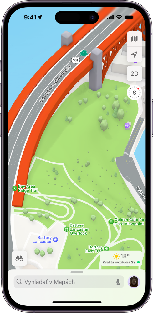 3D mapa ulice a parkovania zobrazuje stromy, body záujmu a dôležité prvky ako toalety.