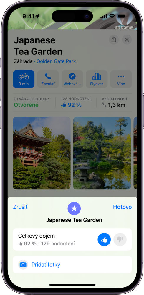 Karta miesta s celkovým hodnotením miesta, vybraným hodnotením s palcom nahor a tlačidlom na pridanie fotiek.
