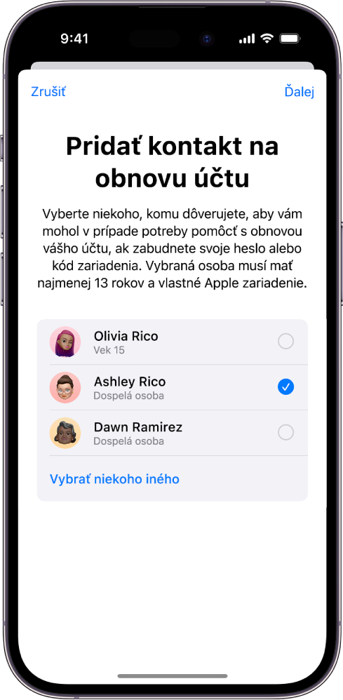 Obrazovka Pridať kontakt na obnovu účtu s návrhmi kontaktov, ktoré môžete vybrať ako kontakty na obnovu, a s možnosťou výberu iného kontaktu.