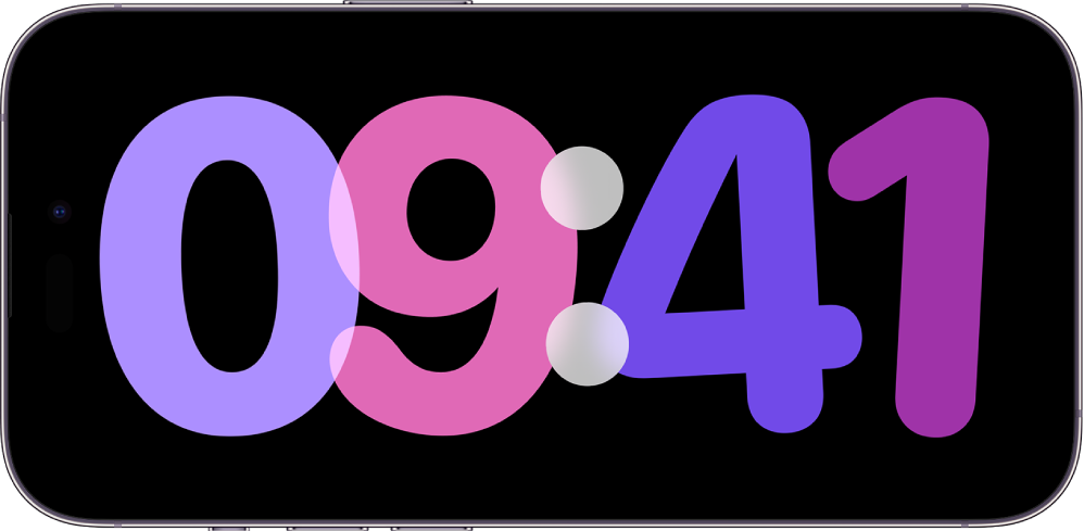 iPhone ในโหมดสแตนด์บายที่กำลังชาร์จและวางตะแคง โดยมีนาฬิกาดิจิทัลแสดงบนหน้าจอ