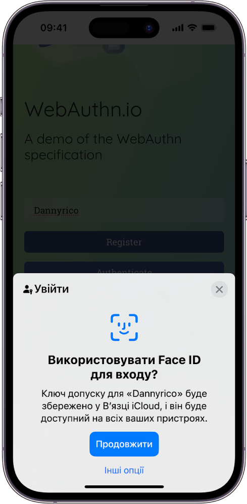 У нижній половині екрана iPhone наведено опцію використання ключів допуску для входу на вебсайт. Показано кнопку «Продовжити» для збереження ключа допуску й кнопку «Інші опції».