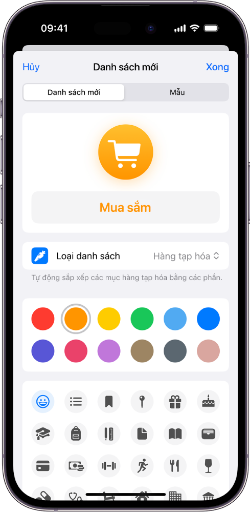 Màn hình để tạo một danh sách mới trong Lời nhắc. Bạn có thể tùy chỉnh tên, loại danh sách, màu và biểu tượng.