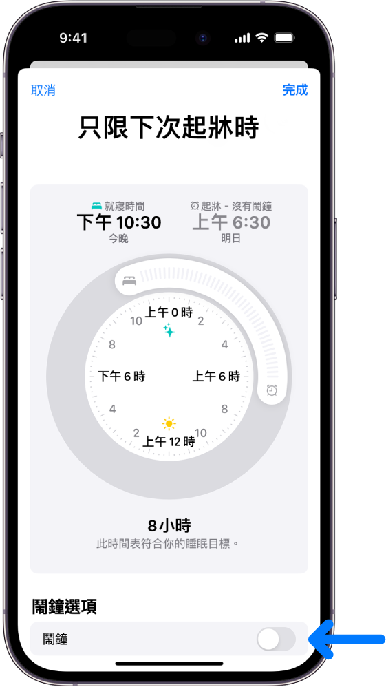「健康」中的「只限下次起牀時」畫面,其中底部的鬧鐘已關閉。