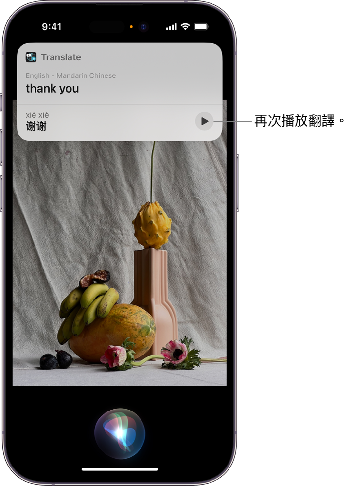 iPhone 畫面的底部是 Siri 聆聽指示器,而最上方則是以翻譯形式(由英文翻譯成中文)顯示的 Siri 回應。