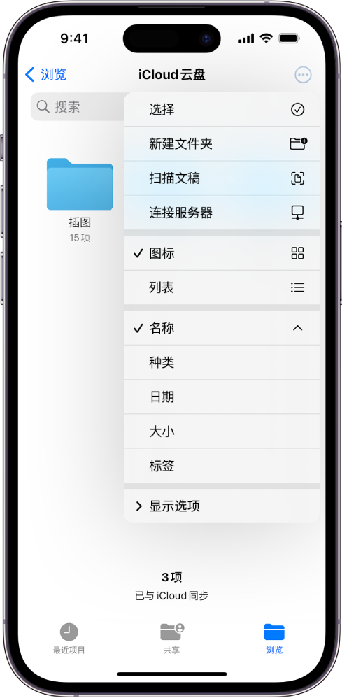 “文件” App 已选中“更多”按钮。显示的菜单中是用于“选择”、“新建文件夹”、“扫描文稿”和“连接服务器”的选项。其下方是用于将屏幕上的项目显示为“图标”或“列表”的选项。底部是排序选项,包括“名称”、“类别”、“日期”、“大小”和“标签”,接着是“显示选项”。