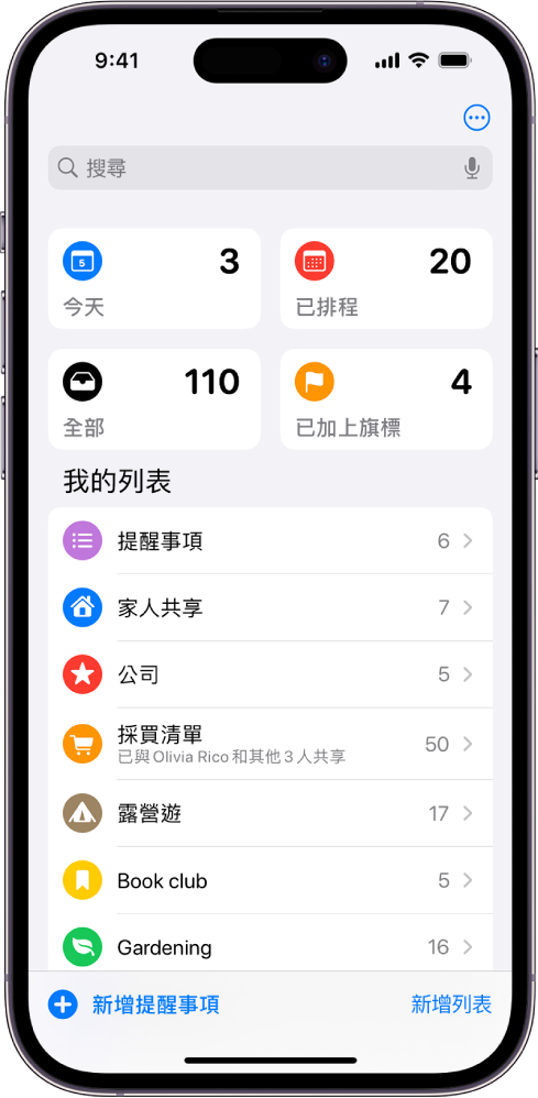 畫面顯示「提醒事項」中的多個列表。「智慧型列表」上方顯示搜尋欄位,可搜尋今天到期、排定的提醒事項、所有提醒事項和已加上旗標的提醒事項。「新增列表」按鈕位於右下角。