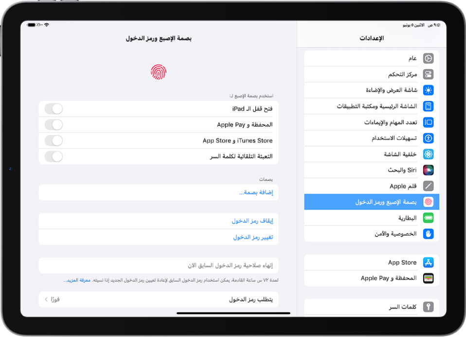 الشريط الجانبي للإعدادات على الجانب الأيمن من الشاشة، مع تحديد بصمة الإصبع ورمز الدخول. على الجانب الأيسر من الشاشة تظهر خيارات لاختيار الميزات التي يمكن إلغاء قفلها باستخدام بصمة الإصبع. تم إيقاف فتح قفل الـ iPad والمحفظة و Apple Pay و iTunes و App Store والتعبئة التلقائية لكلمة السر.