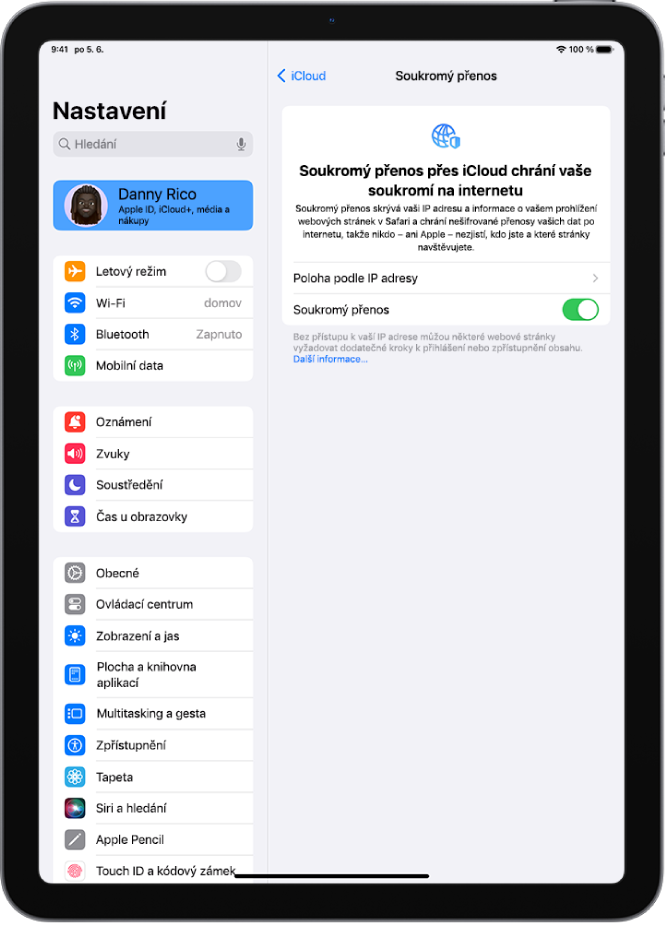 Obrazovka nastavení s volbami pro zapnutí nebo vypnutí služby Soukromý přenos