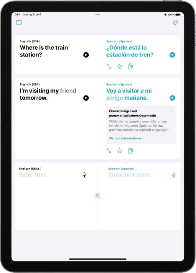 Der Tab „Übersetzen“ mit Sätzen, die vom Englischen ins Spanische übersetzt wurden. Der zweite Satz enthält ein Wort mit Varianten für verschiedene Geschlechter in grauer Hervorhebung.