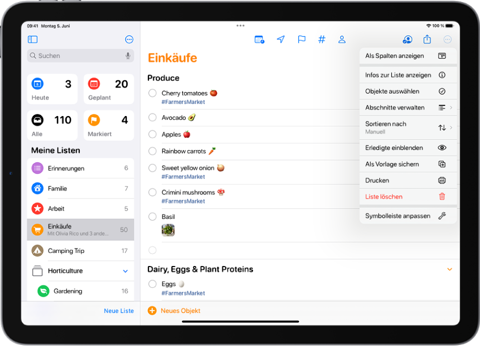 Eine Checkliste für einen Campingurlaub wird in „Erinnerungen“ angezeigt. Einige Objekte sind mit Tags, Orten, Flaggen und Fotos gekennzeichnet. Die Taste „Neue Erinnerung“ wird unten links angezeigt.