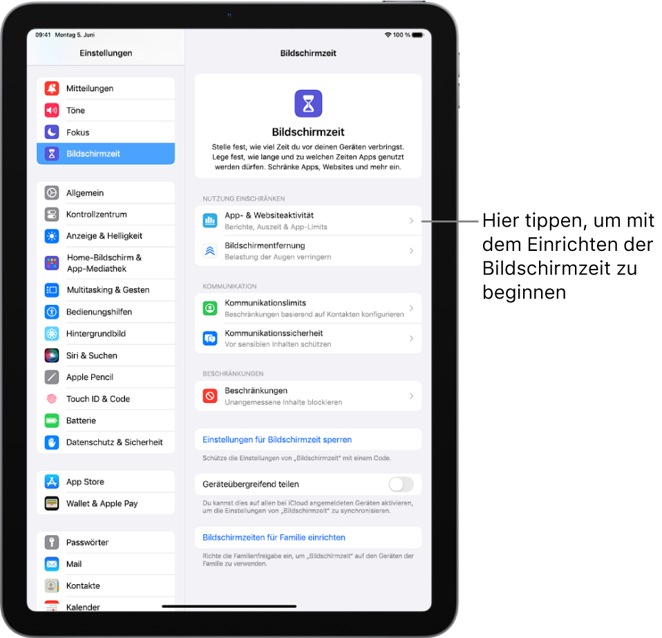 Der Bildschirm für die Einrichtung der Bildschirmzeit zeigt, dass du als Erstes auf „App- & Website-Aktivität“ tippst.