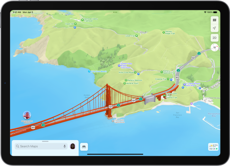 A 3D park map showing a bridge and a park.