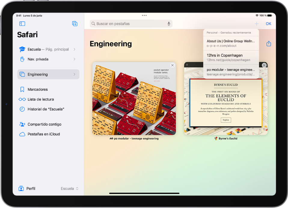 En la app Safari, hay un grupo de pestañas abierto. En la esquina superior derecha de la pantalla, se selecciona el botón “Nueva pestaña” y se ve una lista de tres pestañas cerradas recientemente.