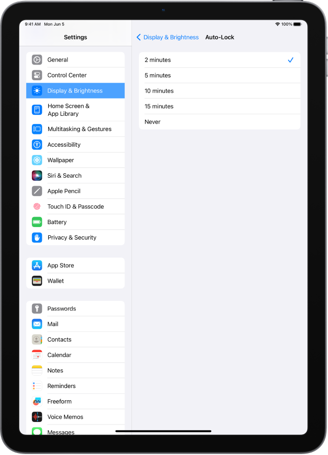 Kuva Auto-Lock koos seadetega iPadi automaatse lukustamise aja määramiseks.