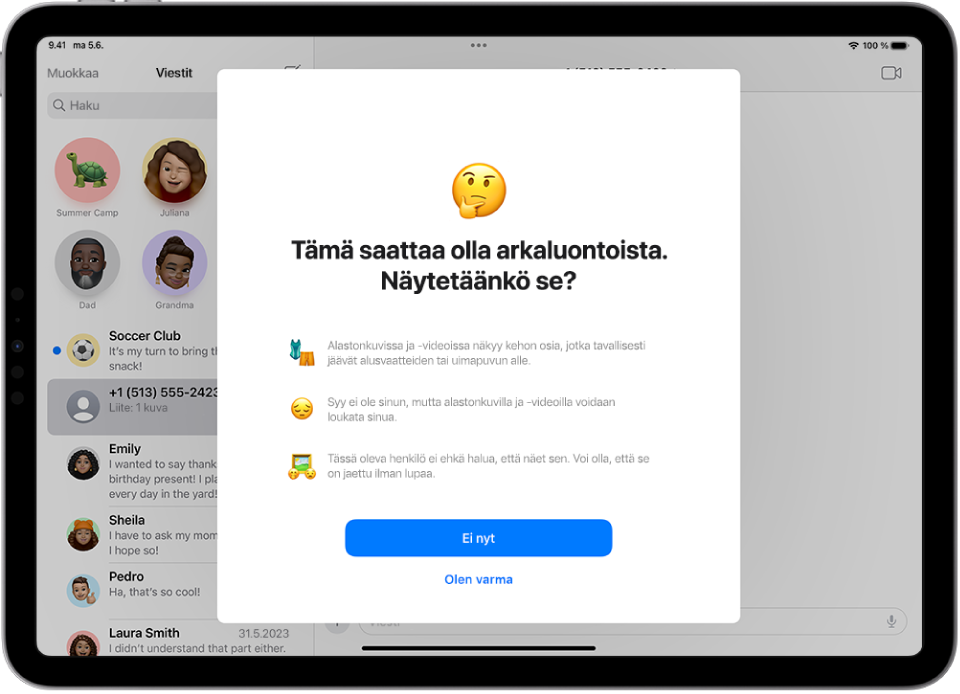 Arkaluontoisen sisällön varoitusnäyttö, varoitus mahdollisesta alastomuudesta kuvassa. Näytön alareunassa ovat seuraavat painikkeet: Ei nyt ja Olen varma.