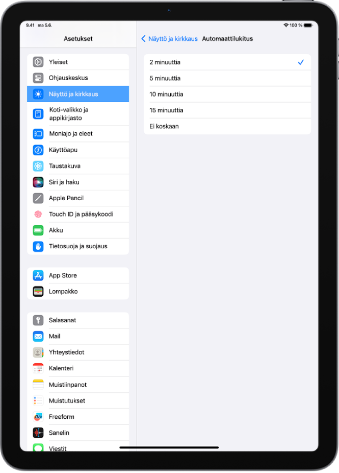 Automaattilukitus-näyttö, jossa on asetukset ajalle ennen iPadin automaattista lukkiutumista.