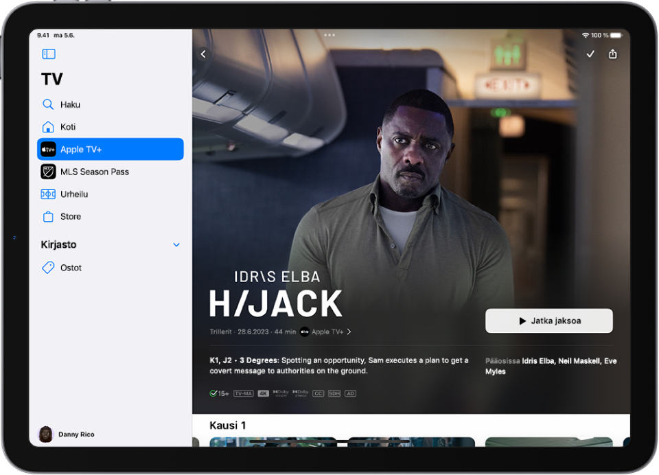 Apple TV+ -näyttö, jossa näkyy Apple Original, Jatka jaksoa -painike ja jakson kuvaus. Vasemmalla, ylhäältä alas ovat seuraavat välilehdet: Haku, Koti, Apple TV+, MLS Season Pass, Urheilu ja Store.