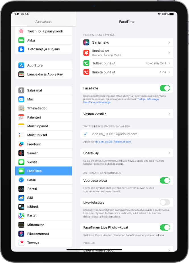 FaceTime-asetusnäyttö, kytkin FaceTimen laittamiseen päälle tai pois sekä kenttä, johon voit kirjoittaa Apple ID:n FaceTimelle.