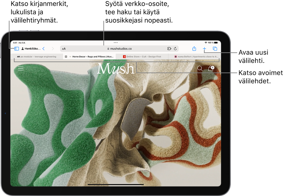Avoin verkkosivu. Ylhäällä vasemmalta oikealle on Sivupalkki-painike, tällä hetkellä avoinna olevan välilehtiryhmän nimi, Edellinen- ja Takaisin-painikkeet, hakukenttä, jakopainike, Uusi välilehti -painike ja Välilehtinäkymä-painike.