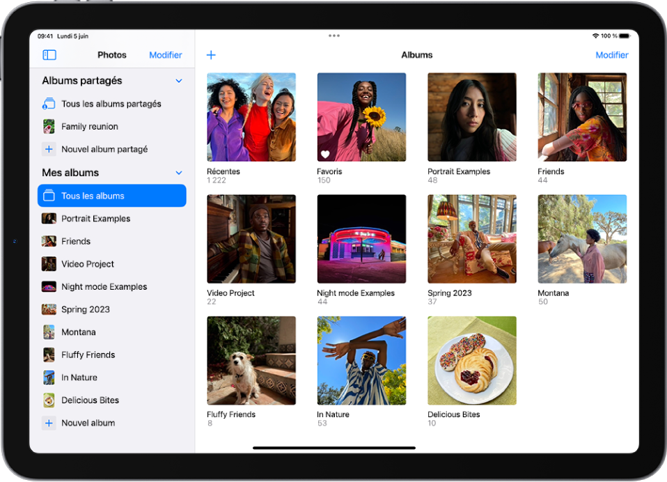 La barre latérale de Photos est ouverte sur le côté gauche de l’écran. Sous l’en-tête « Mes albums », « Tous les albums » est sélectionné. Le reste de l’écran de l’iPad affiche des vignettes pour les albums dans une grille.