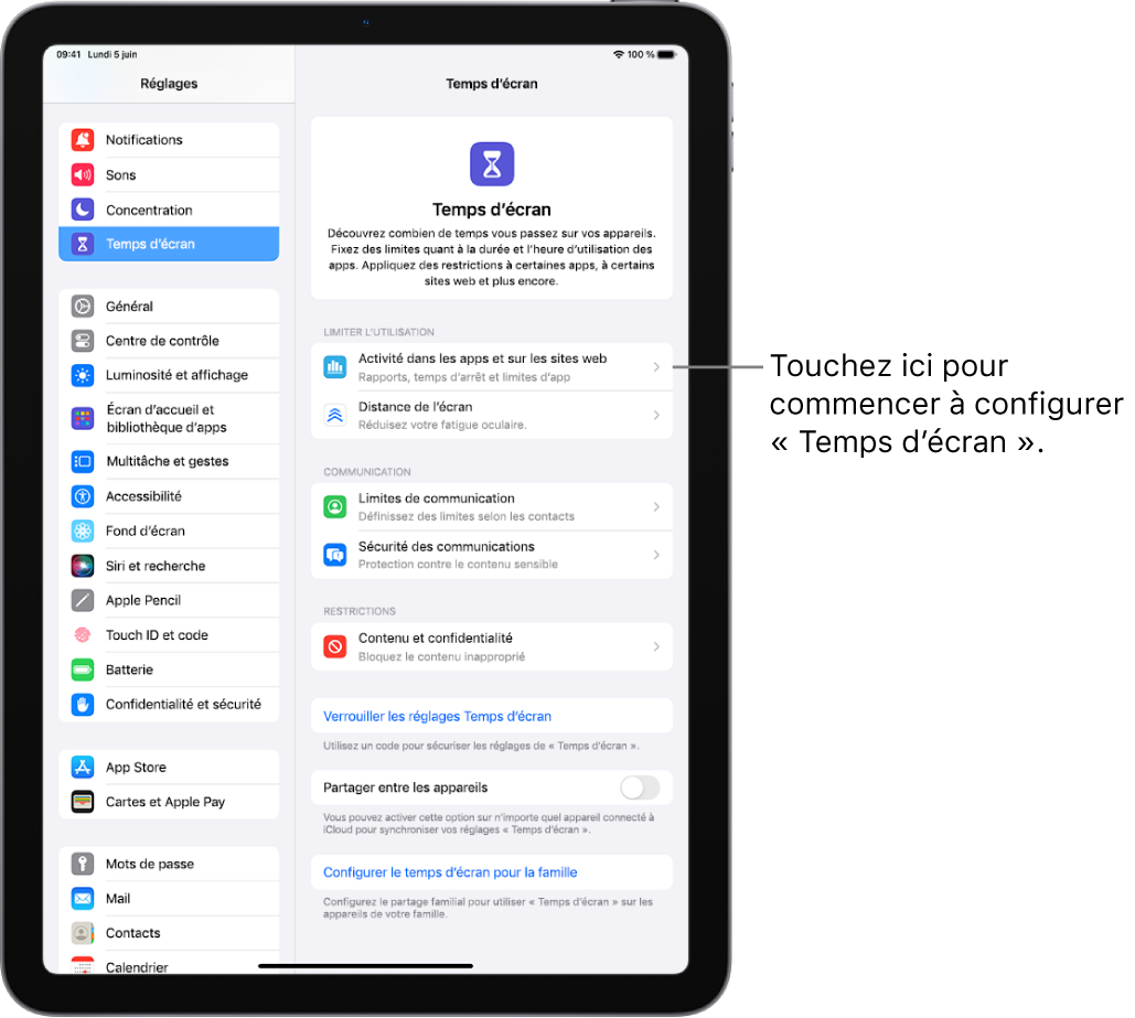 L’écran pour configurer « Temps d’écran » montrant que vous devez toucher « Activité dans les apps et sur les sites web » pour commencer.