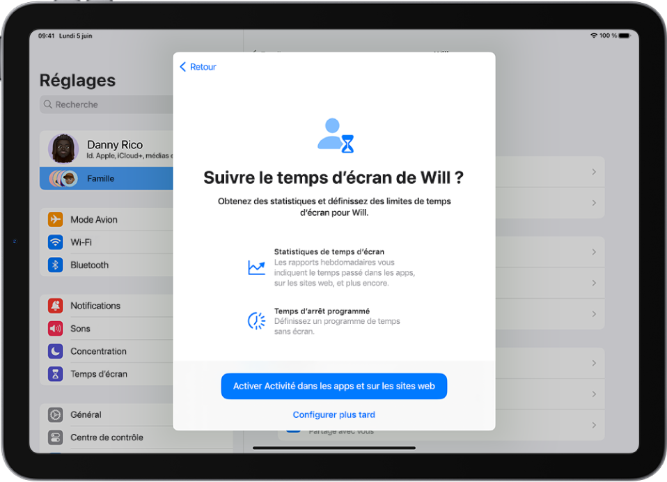 Un écran affichant une description de fonctionnalités permettant de suivre le temps d’écran d’un enfant ainsi que des options, telles que « Temps d’arrêt programmé ».