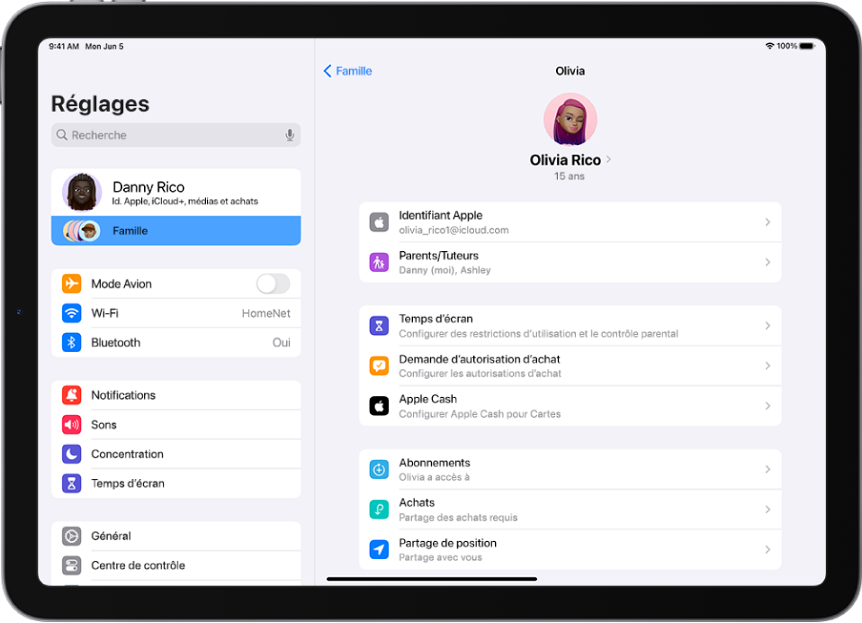 L’écran Réglages affichant les fonctionnalités disponibles pour un adolescent, comme « Demande d’autorisation d’achat » et « Apple Cash ».