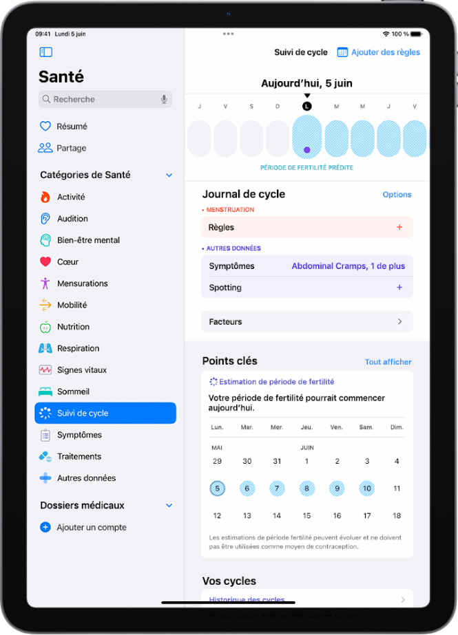 L’écran « Suivi de cycle » avec une chronologie vers le haut indiquant une période de fertilité estimée.