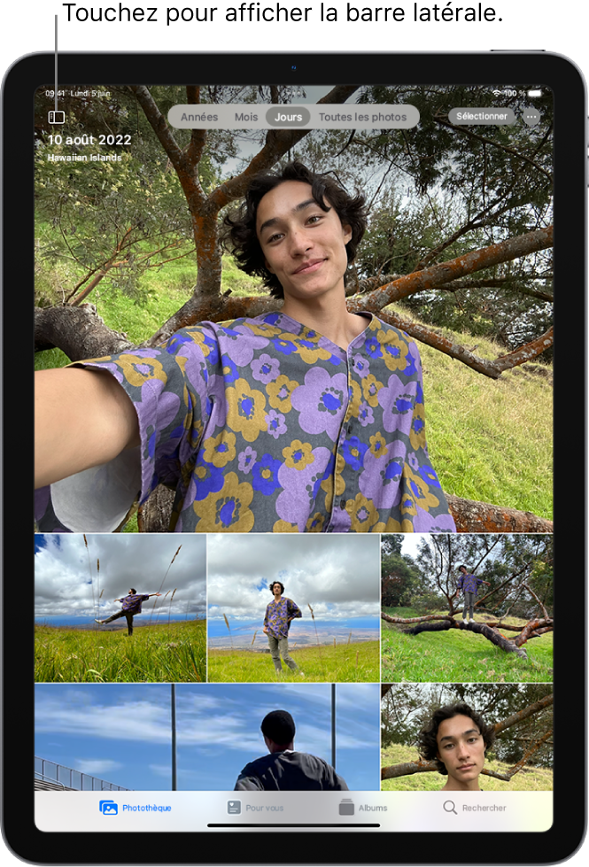 La présentation Jours de la photothèque est affichée. Une sélection de vignettes de photos remplit l’écran. Dans le coin supérieur gauche de l’écran se trouve le bouton « Afficher la barre latérale », permettant d’ouvrir la barre latérale. Sous le bouton « Afficher la barre latérale » se trouvent la date et le lieu des photos à l’écran. En haut au centre se trouvent des options pour parcourir les photos par Années, Mois, Jours ou « Toutes les photos ». L’option Jours est sélectionnée. En haut à droite de l’écran se trouvent les boutons Sélectionner et Plus.