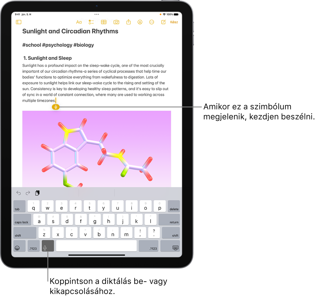 A képernyő-billentyűzet meg van nyitva a Jegyzetek appban. A billentyűzet alján lévő Diktálás gomb van kijelölve, és a Diktálás gomb megjelenik a beszúrási pont alatt a szövegmezőben.