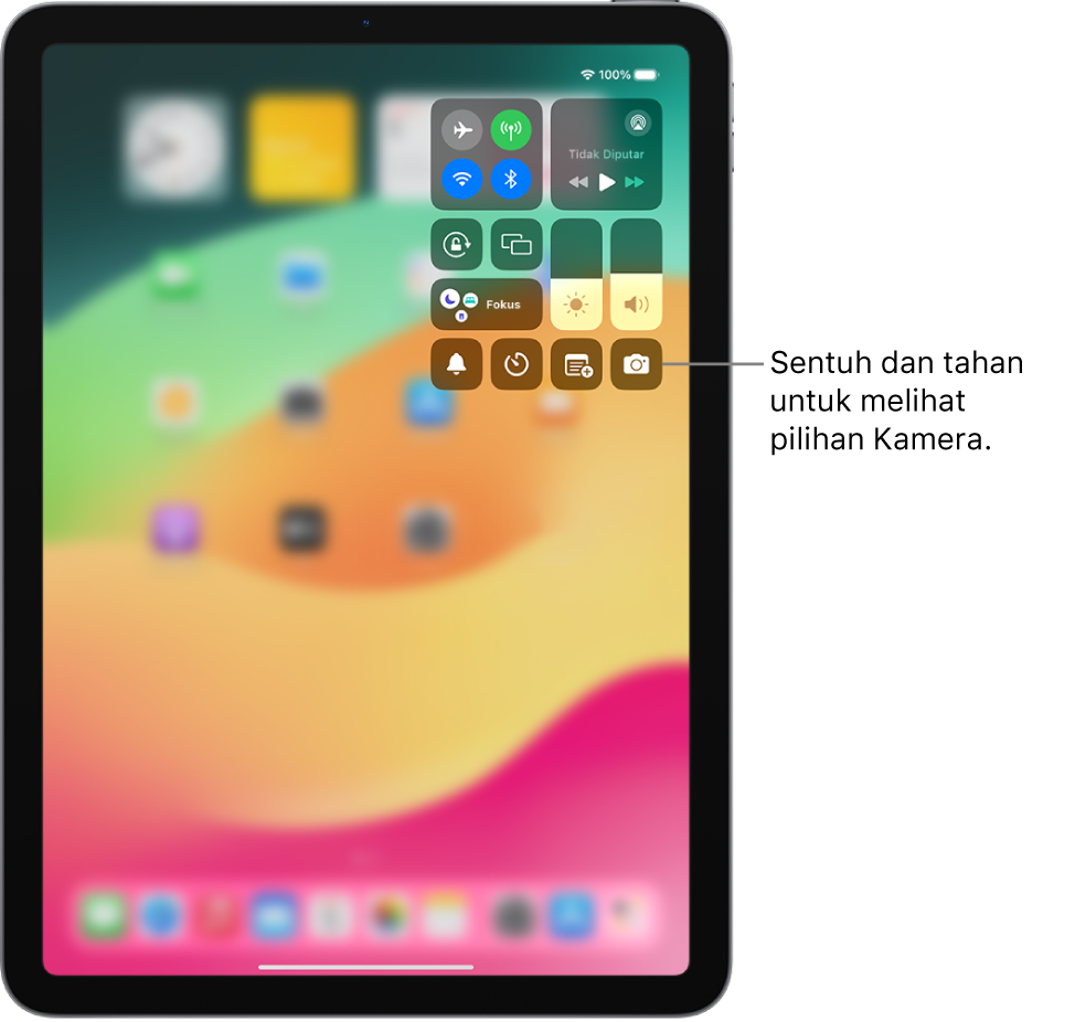 Pusat Kontrol iPad. Kontrol untuk mode pesawat, data seluler, Wi-Fi, dan Bluetooth berada di grup kiri atas di Pusat Kontrol untuk iPad Wi-Fi + Cellular. Kontrol Kamera berada di bagian kanan bawah.