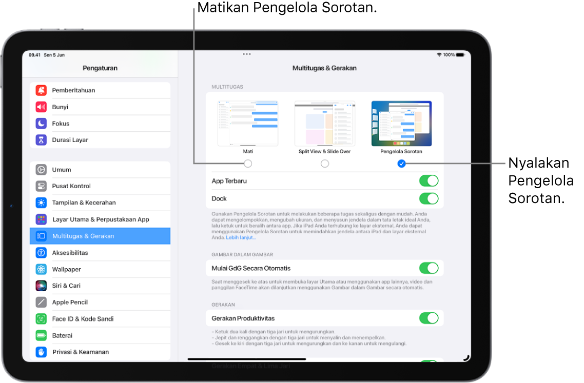 Layar iPad menampilkan kontrol untuk menyalakan atau mematikan Pengelola Sorotan, menyembunyikan atau menampilkan daftar app terbaru saat Pengelola Sorotan menyala, dan menyembunyikan atau menampilkan Dock saat Pengelola Sorotan menyala.