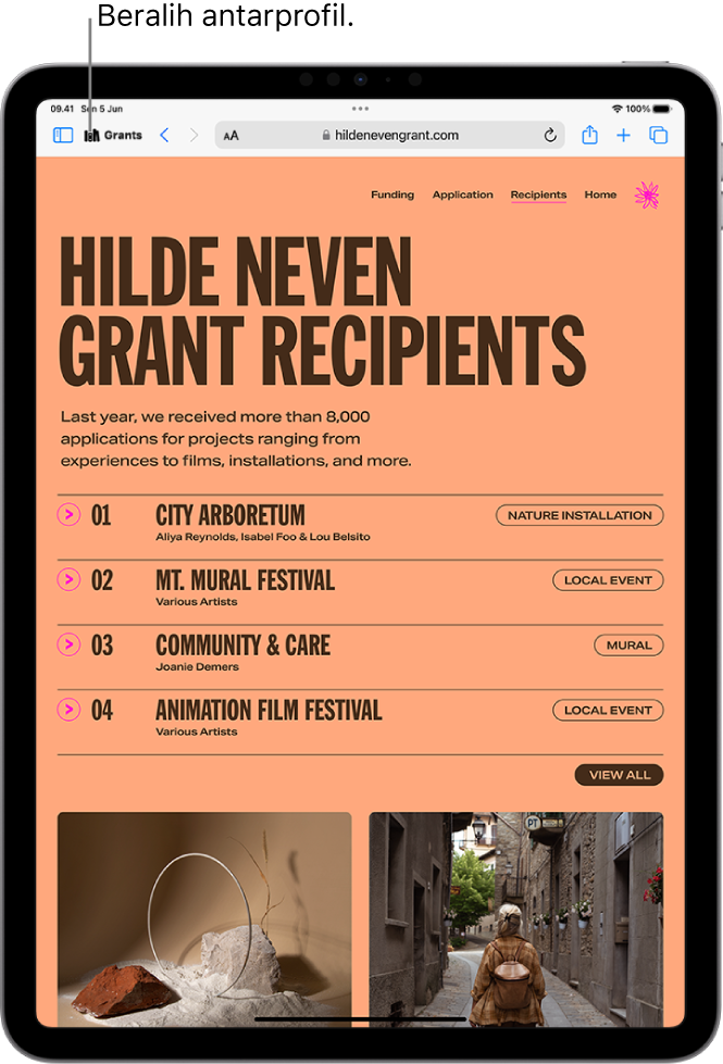 Di Safari, situs web dibuka. Ikon profil Safari ada di kanan atas layar. Ketuk ikon untuk beralih di antara profil.