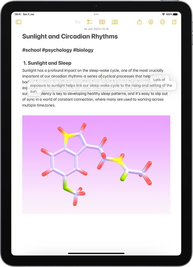 Dokumen terbuka di app Catatan. Teks yang dipilih diangkat di dalam dokumen dipindahkan ke lokasi baru.