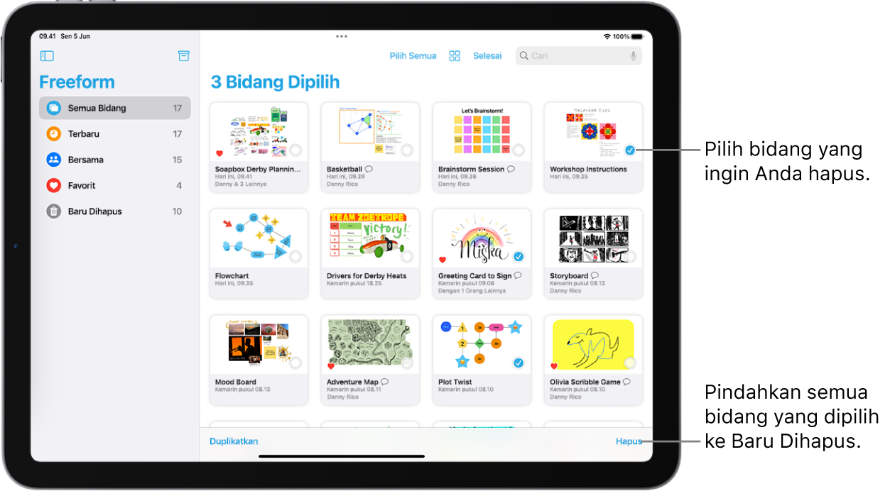 Beberapa bidang dipilih di tampilan Semua Bidang di Freeform. Tombol Hapus berada di pojok kanan bawah layar.