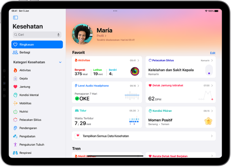 Layar Ringkasan di Kesehatan. Informasi mengenai aktivitas, level audio headphone, tidur, pelacakan siklus, detak jantung istirahat, dan langkah muncul di bawah Favorit.