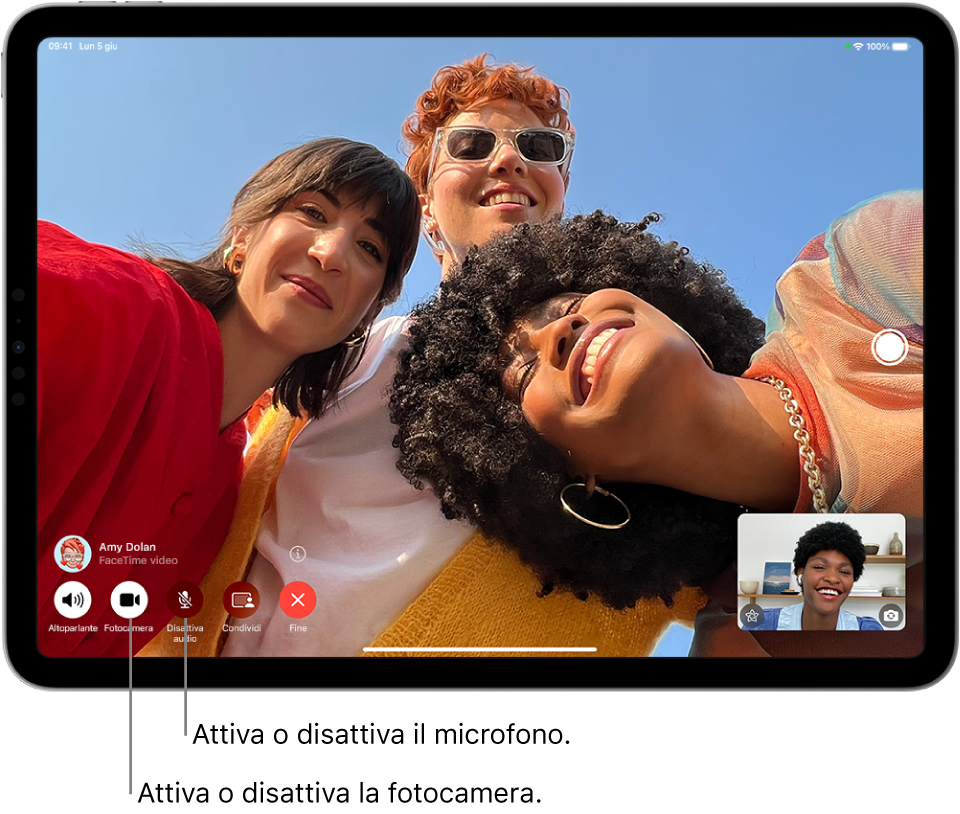 La schermata di FaceTime che mostra una chiamata in corso. L’immagine della persona che chiama appare in un piccolo rettangolo in basso a destra e l’immagine dell’altra persona riempie il resto dello schermo. Nella parte inferiore dello schermo sono presenti i controlli di FaceTime, tra cui i pulsanti Altoparlante, Fotocamera, “Disattiva audio”, “Condividi contenuto” e Termina. Sopra i controlli sono presenti il nome e l’ID Apple della persona con cui stai parlando.