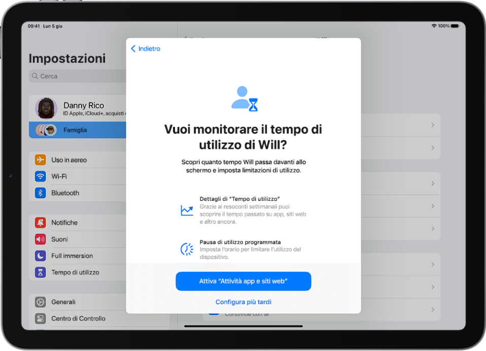 Una schermata con una descrizione delle funzionalità per monitorare il tempo di utilizzo di un minore, con opzioni come una pausa di utilizzo programmata.