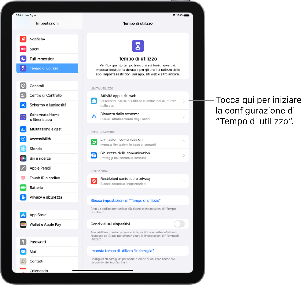 La schermata di configurazione di “Tempo di utilizzo”, dove è possibile toccare “Attività app e siti web” per iniziare.