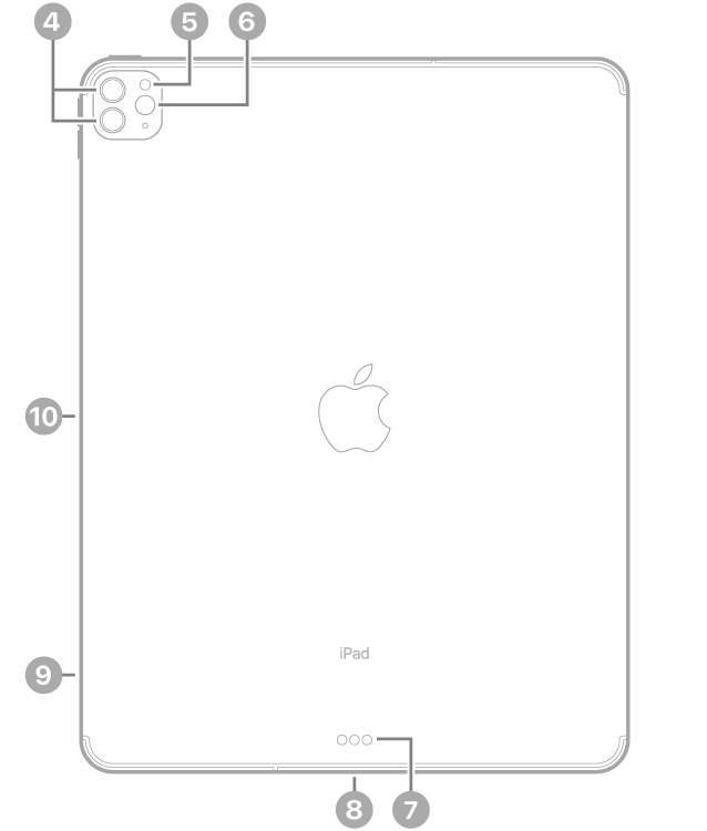 Vista posteriore di iPad Pro con didascalie che indicano, in alto a destra, le fotocamere posteriori e il flash, lo Smart Connector e il connettore USB-C, al centro, in basso, l’alloggiamento della SIM (Wi-Fi + Cellular), in basso, a sinistra, e il connettore Apple Pencil a sinistra.
