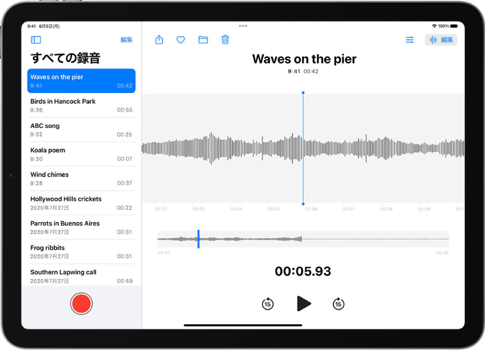 ボイスメモで行われた録音。左側に録音のリストがあり、選択した録音が上部に表示されています。右側の波形には再生ヘッドがあります。この再生ヘッドをドラッグして、録音の特定の場所に移動できます。波形の上には、「共有」、「よく使う項目」、「移動」、「削除」、「再生設定」、「編集」の各ボタンがあります。タイムラインの下には、再生コントロールが並んでいます。