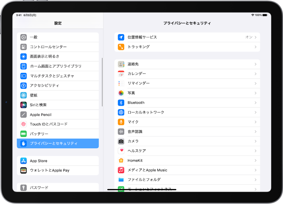 iPadの「設定」画面。画面の左側で「設定」サイドバーが開いていて、「プライバシーとセキュリティ」が選択されています。画面の右側には、「アプリからのトラッキング要求を許可」をオンまたはオフにするオプションがあります。