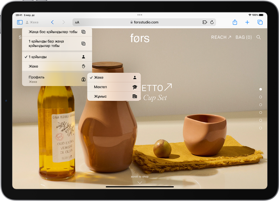 Safari браузерінде іздеу өрісінің сол жағындағы «Қойынды тобы» мәзірі ашық. Экранның төменгі жағында «Профиль» параметрі таңдалған және мәзір «Жеке», «Мектеп» және «Жұмыс» опцияларын көрсетеді.