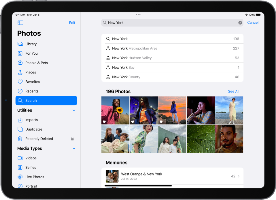 Ekrāns Search lietotnē Photos. Ekrāna augšā ir meklēšanas lauks, un apakšā ir redzami meklēšanas rezultāti.