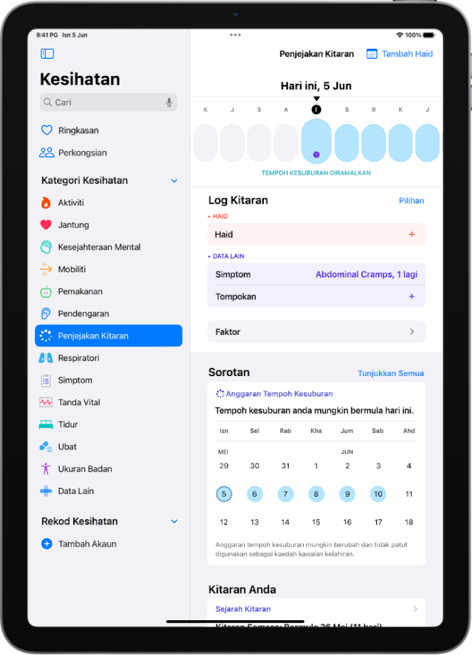 Skrin Penjejakan Kitaran dengan garis masa berdekatan bahagian atas menunjukkan anggaran tempoh kesuburan.