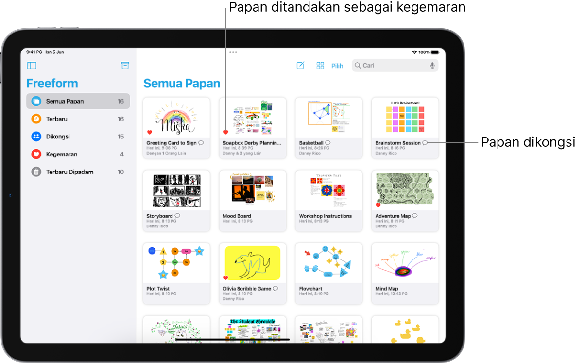 Freeform dibuka pada iPad. Semua Papan dipilih dalam bar sisi dan imej kecil papan kelihatan di sebelah kanan.